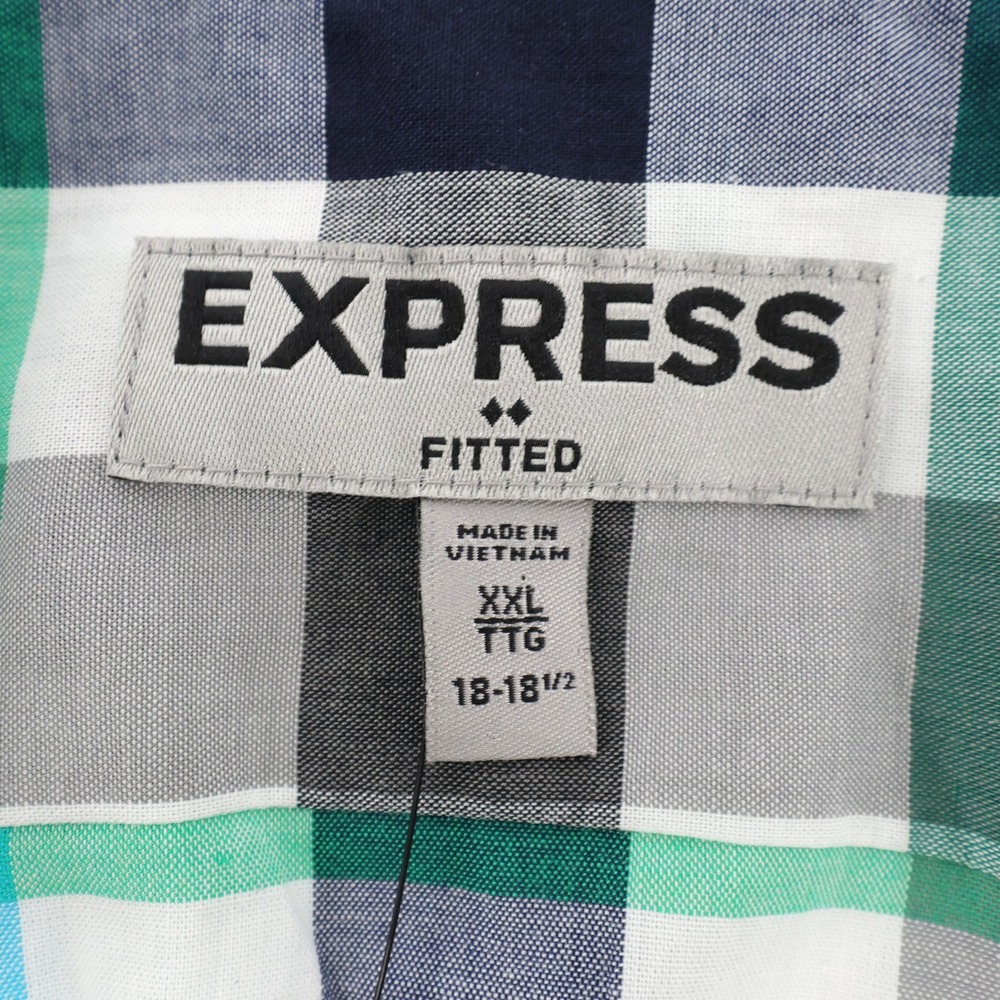 NEW Express‎ Fitted Plaid Button Down Shirt Green Blue Mens XXL - Picture 4 of 8
